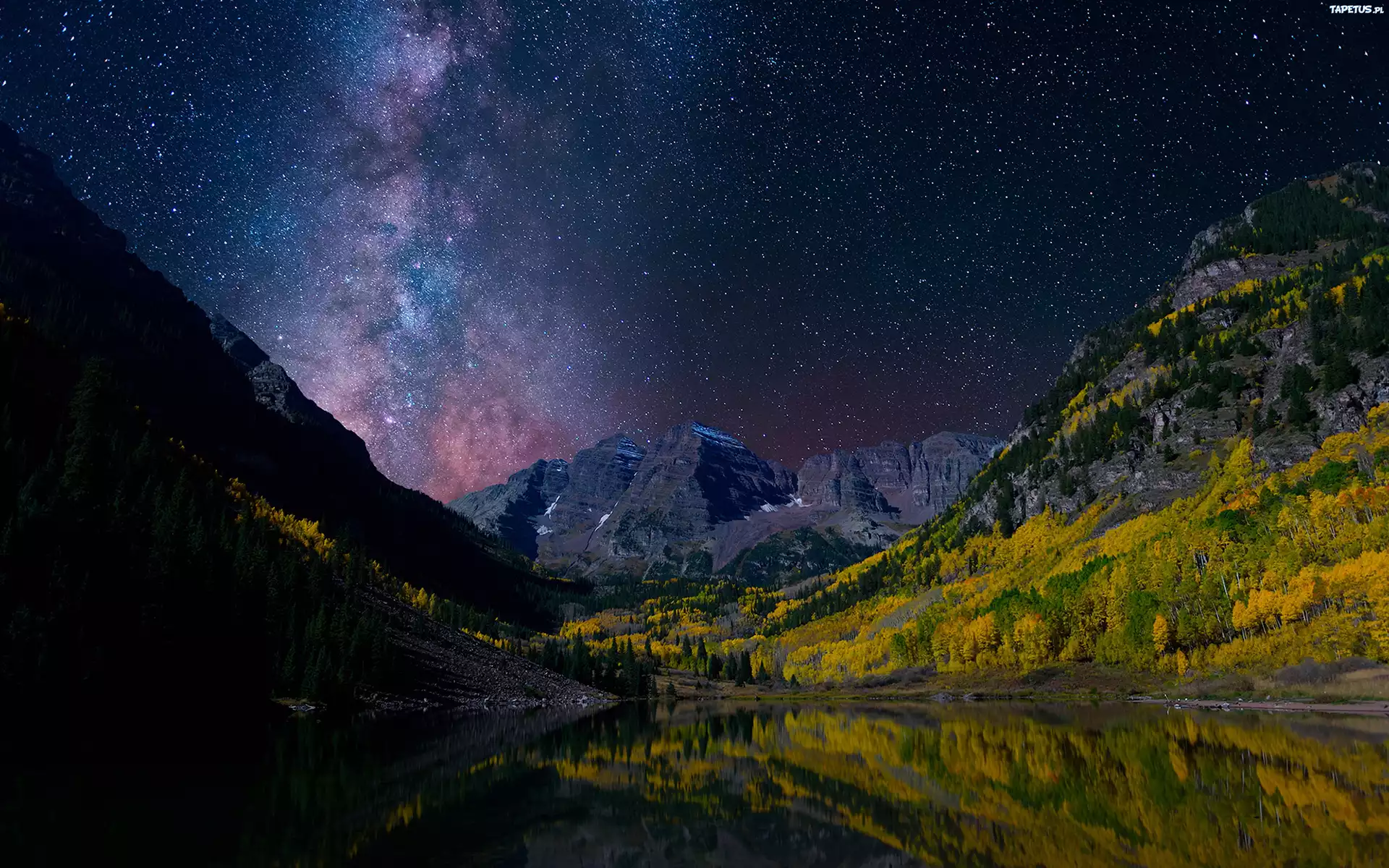 Maroon Bells, Pasmo górskie Elk, Góry Skaliste, Jezioro Maroon, Kolorado, Stany Zjednoczone, Góry, Jezioro, Gwiazdy