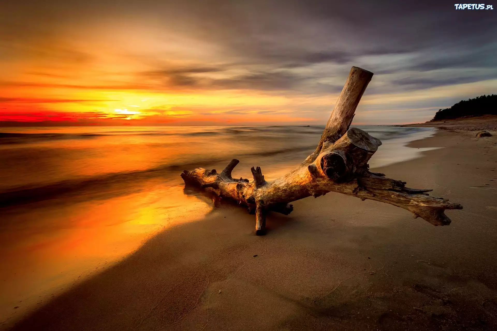 Morze, Plaża, Zachód słońca