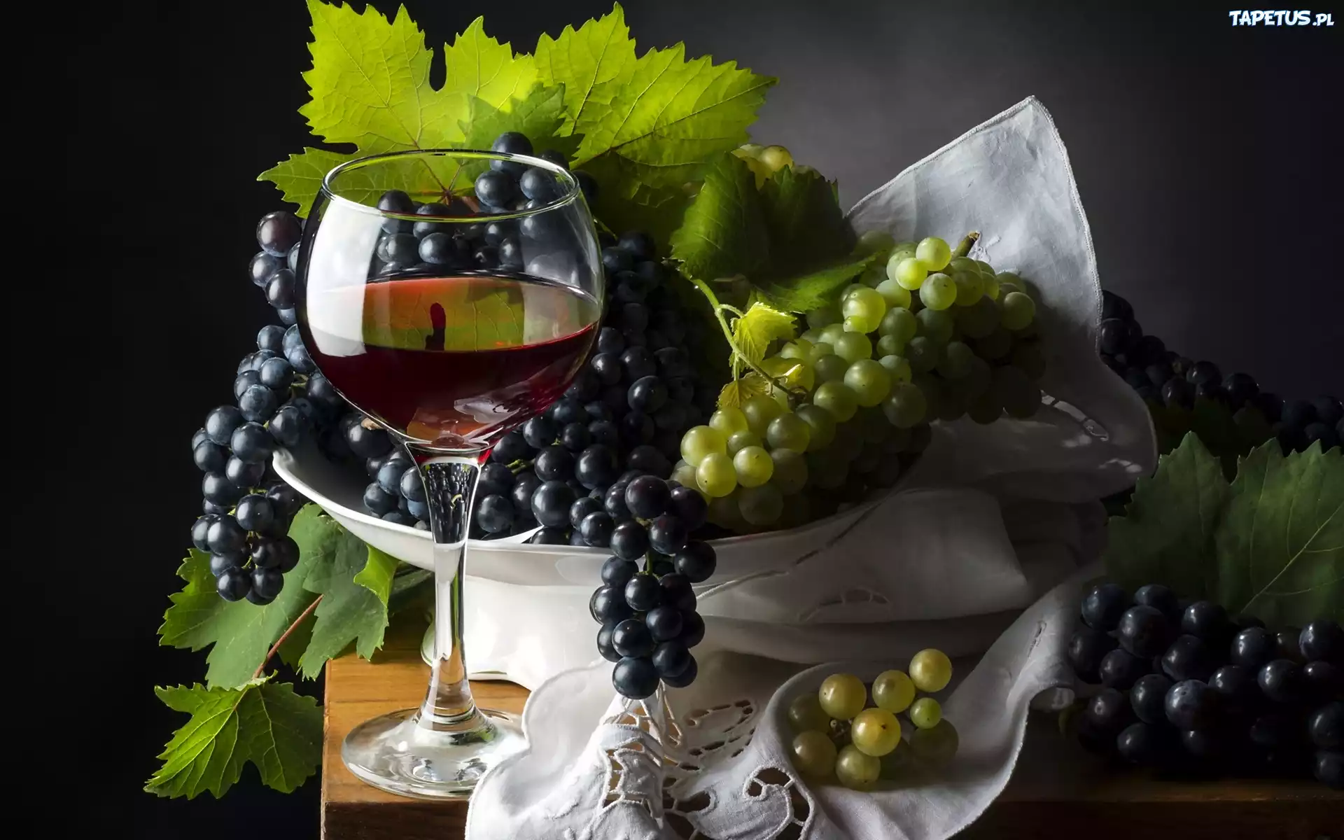 Kieliszek, Wino, Winogrona, Liście, Kompozycja
