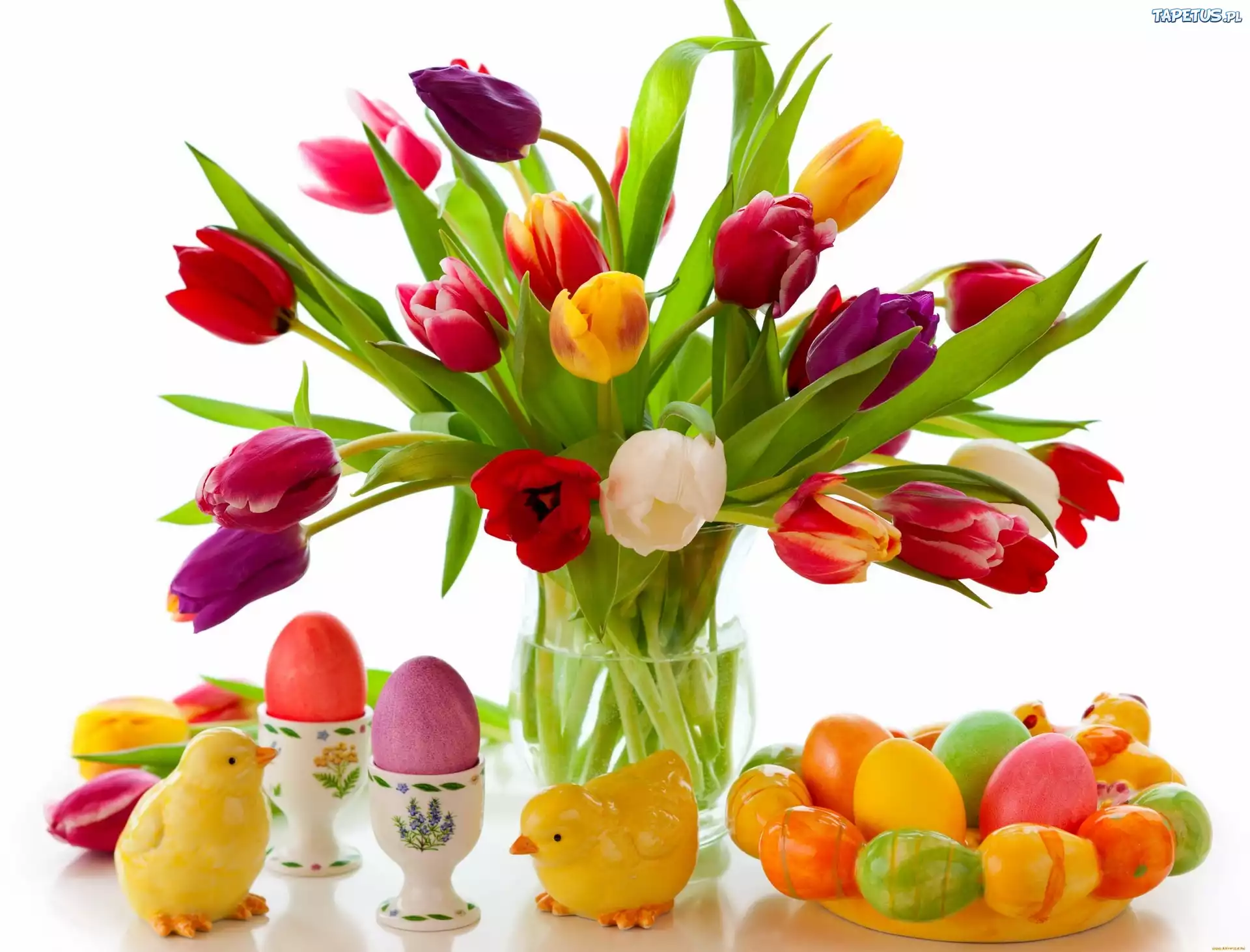 Wielkanoc, Tulipany, Bukiet, Kolorowe, Pisanki