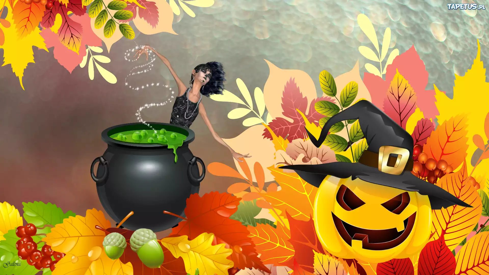 Dynia, Wiedźma, Liście, Jesień, Halloween, Grafika