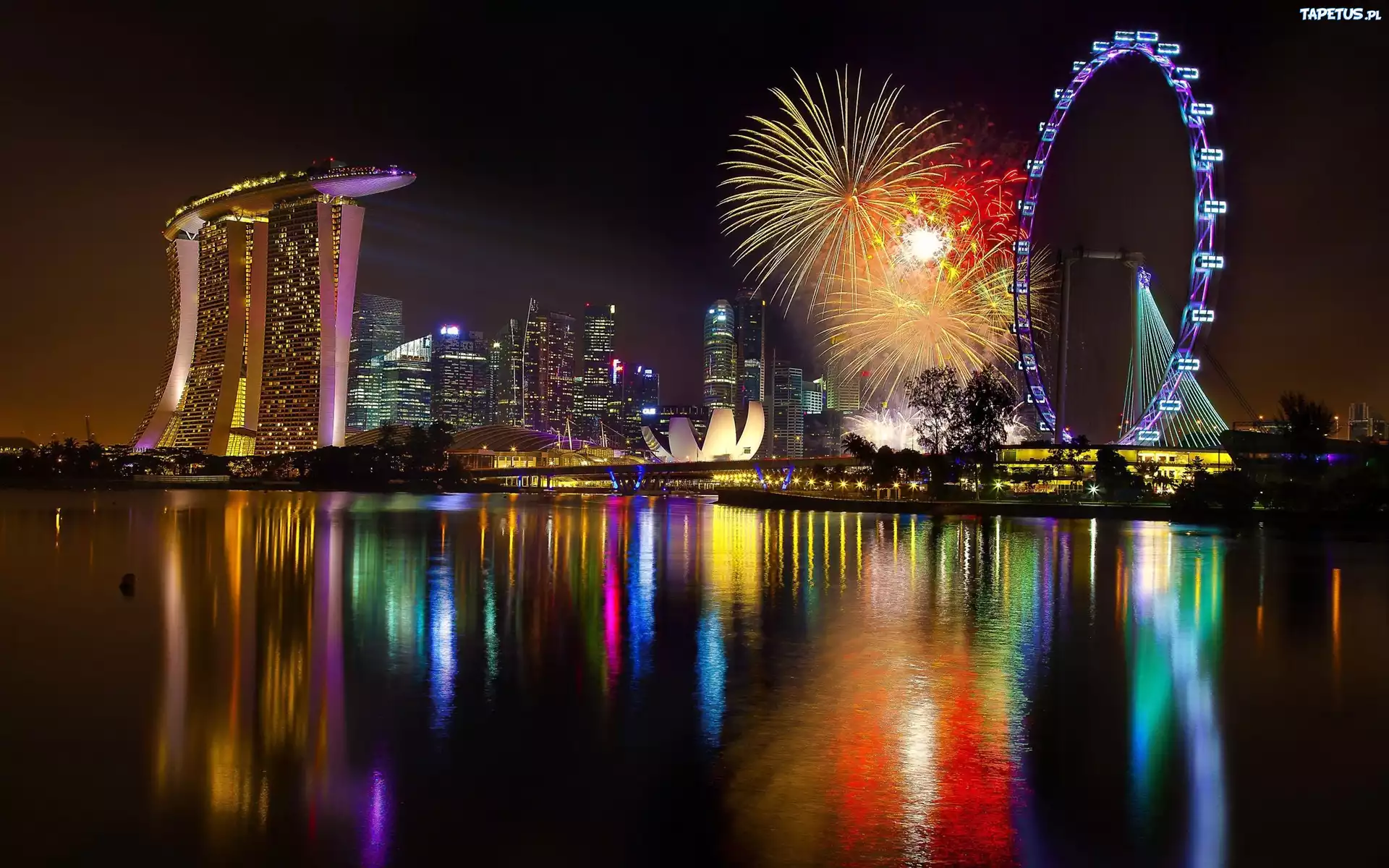 Hotel, Marina Bay Stands, Wesołe, Miasteczko, Fajerwerki, Singapur, Nocą