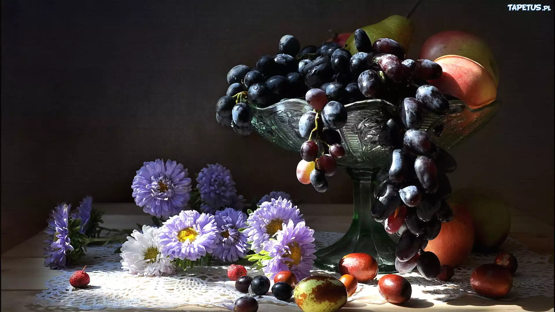 натюрморт, цветы, виноград, фрукты без смс