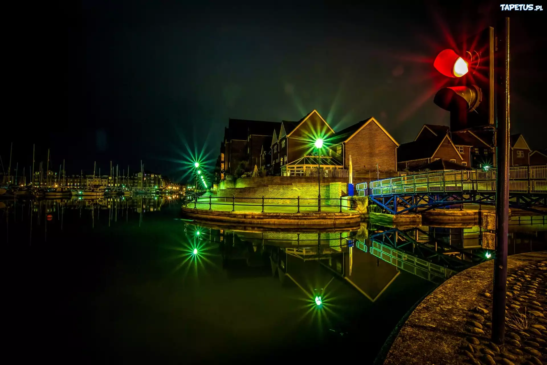 Port, Budynki, Lampa, Blask, Mostki, Woda