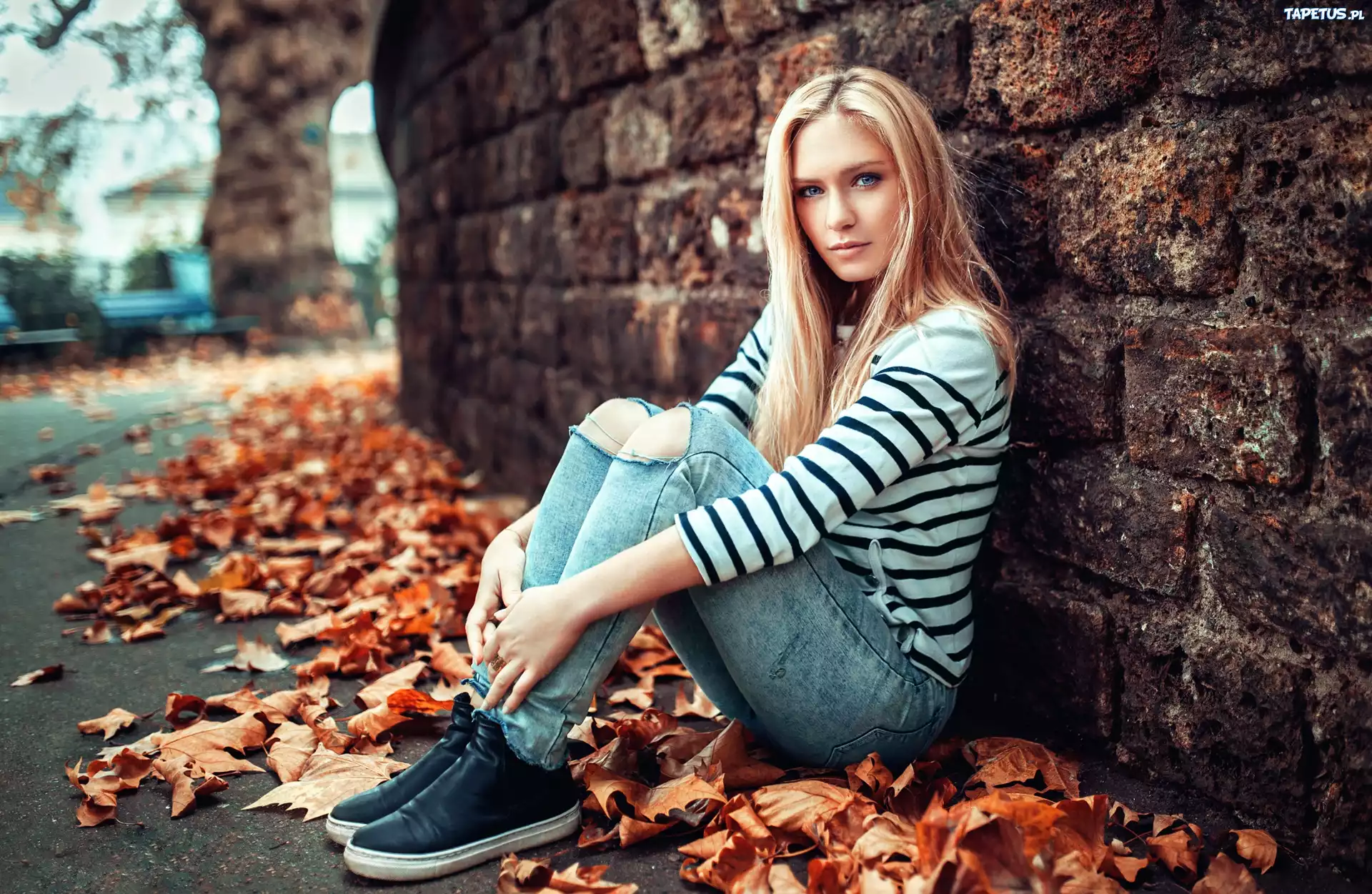 Dziewczyna, Mur, Alejka, Liście