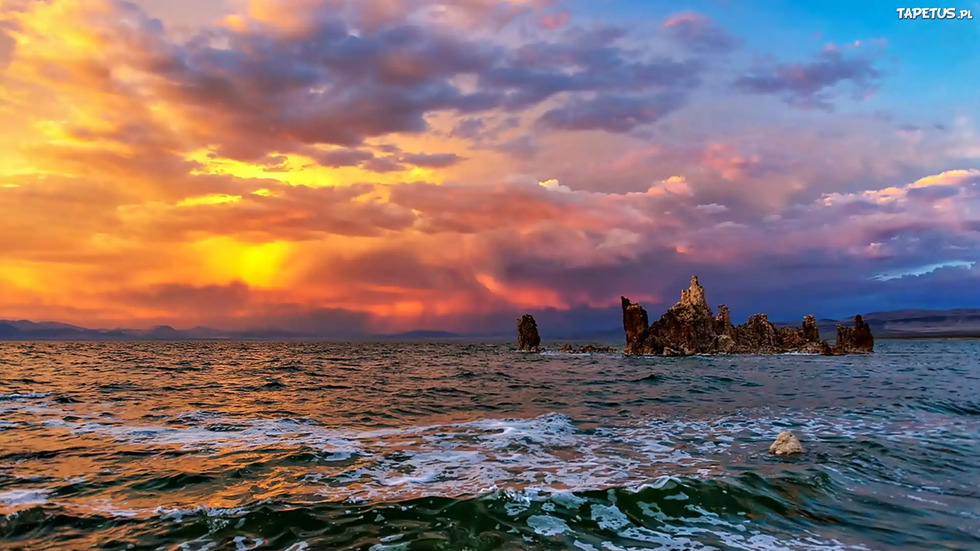 Ocean, Zachód Słońca, Fale, Skały