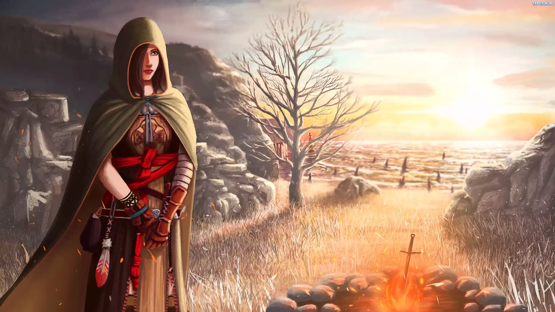 Gra, Dark Souls 2, Kobieta, Ognisko, Miecz, Skały, Drzewo, Słońce, Rysunek