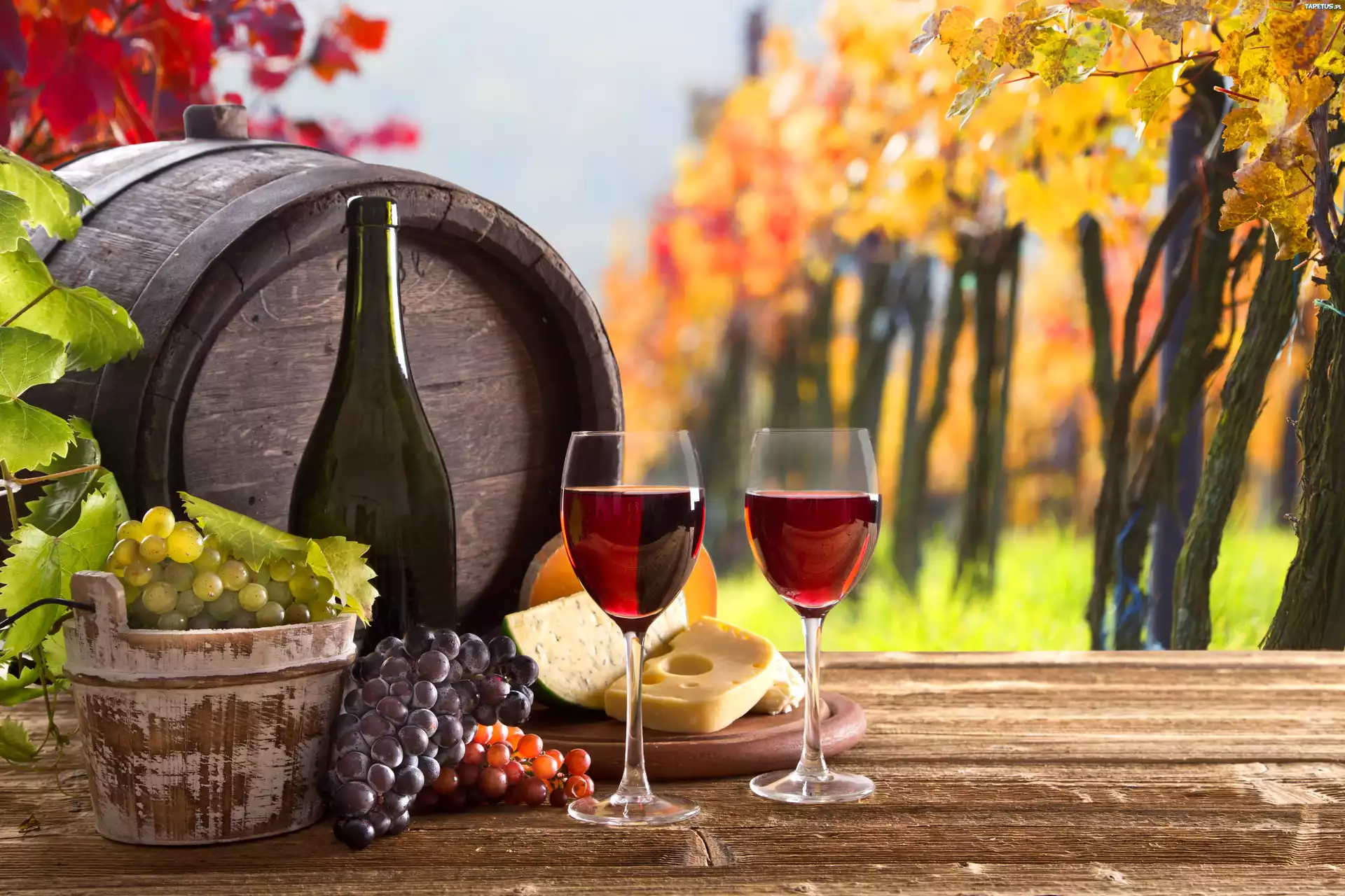 Wino, Winogrona, Ser, Ławka, Beczułka, Drzewa, Dekoracja