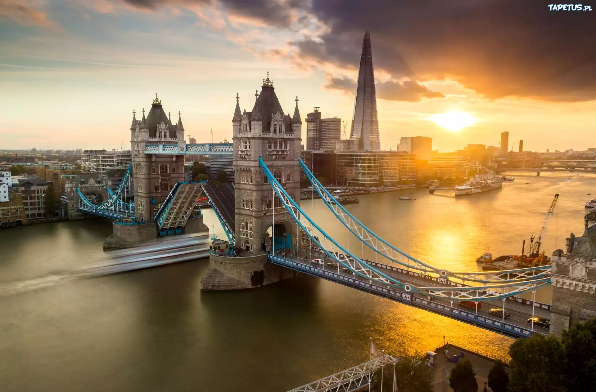 Rzeka, Most, Statki, Wschód, Słońca, Tower Bridge