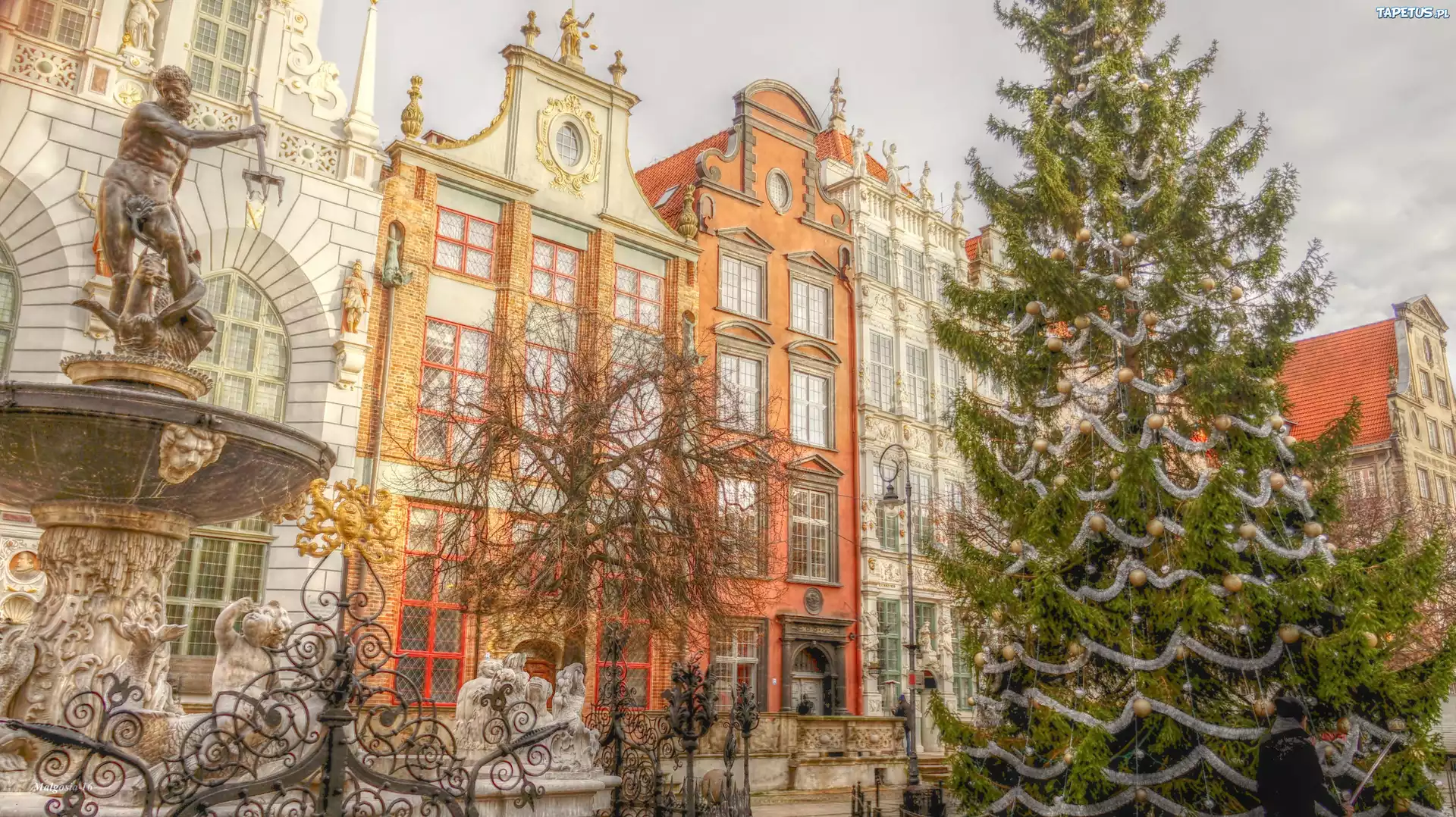 Gdańsk, Stare Miasto, Posąg, Neptun, Choinka, Kamienice, HDR