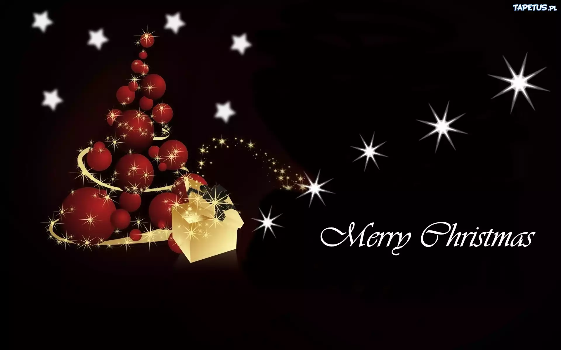 Choinka, Prezent, Gwiazdy, Merry Christmas