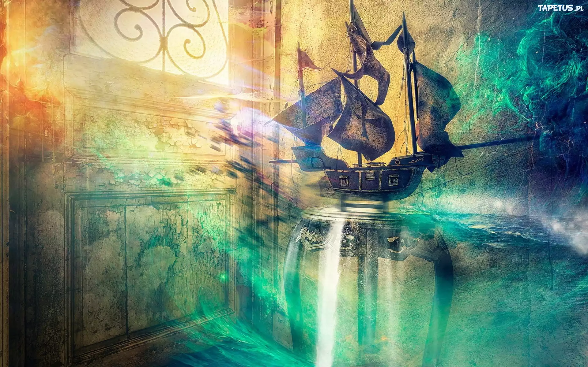 Fantasy, Statek, Żaglowiec, Okno, Światło