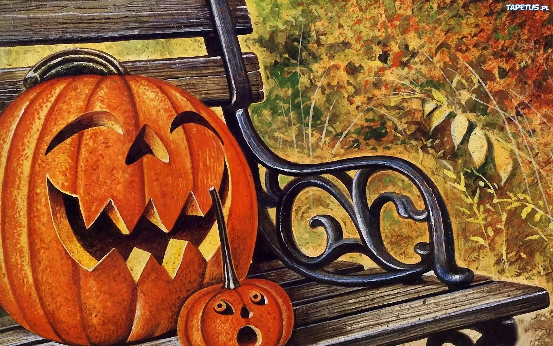 Halloween, Rysunek, Dynie, Ławka