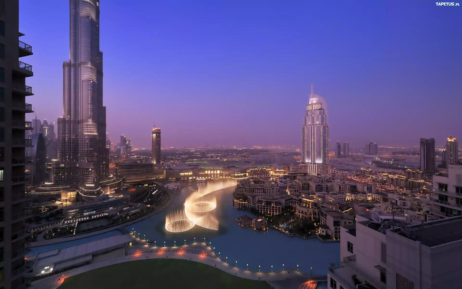 Drapacze Chmur, Fontanna, Noc, Dubaj