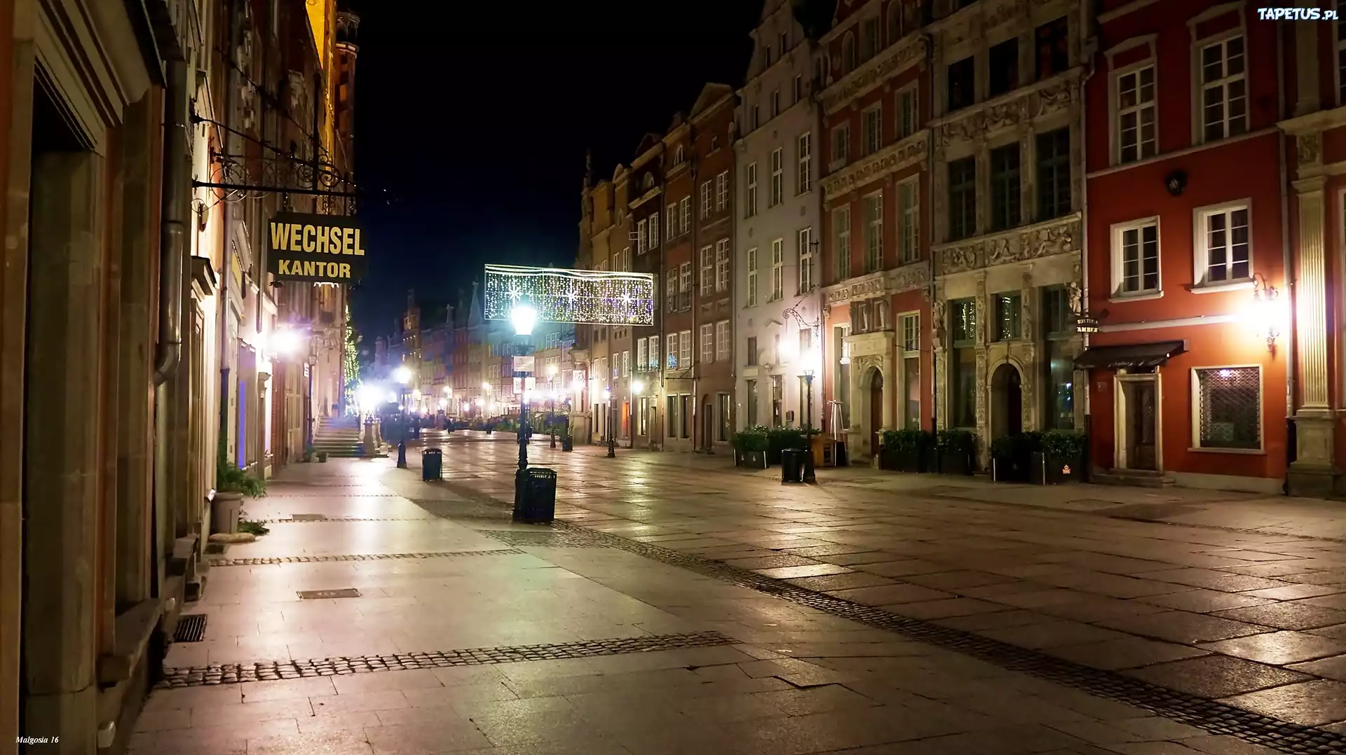 Miasto, Gdańsk, Noc, Ulica, Kamienice, Latarnie