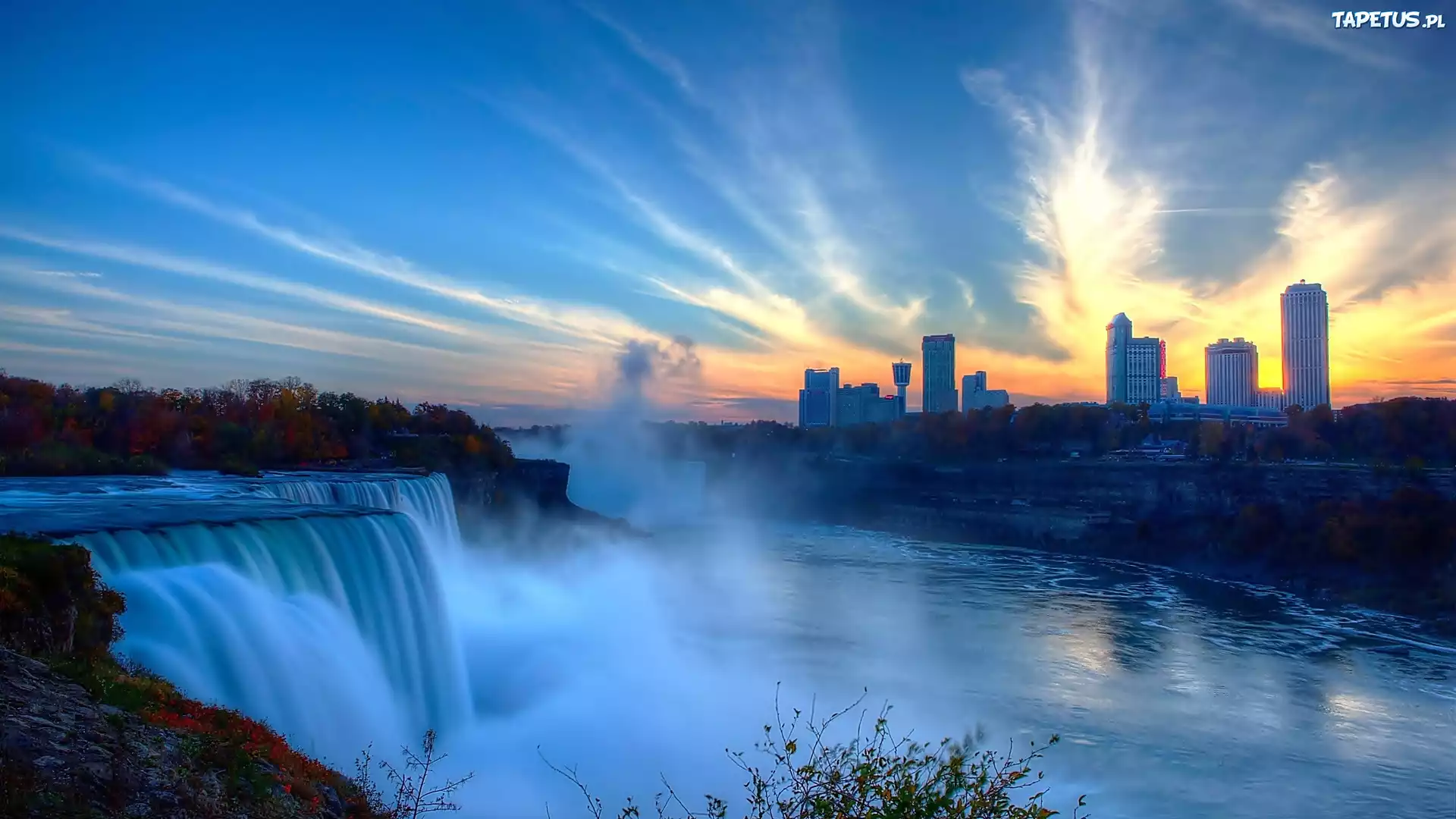 Wodospad, Niagara, Wieżowce, Zachód słońca