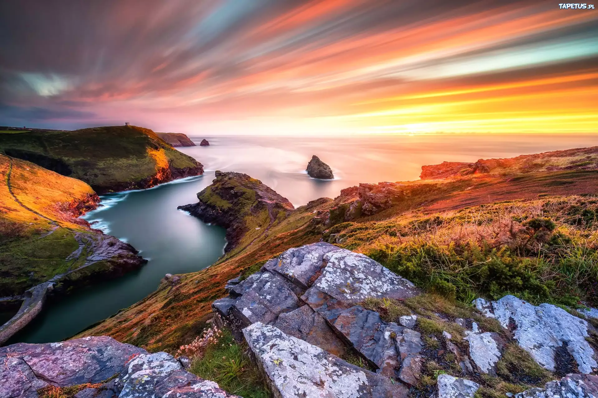 Skaliste, Wybrzeże, Piękny, Zachód, Słońca, Boscastle, Anglia