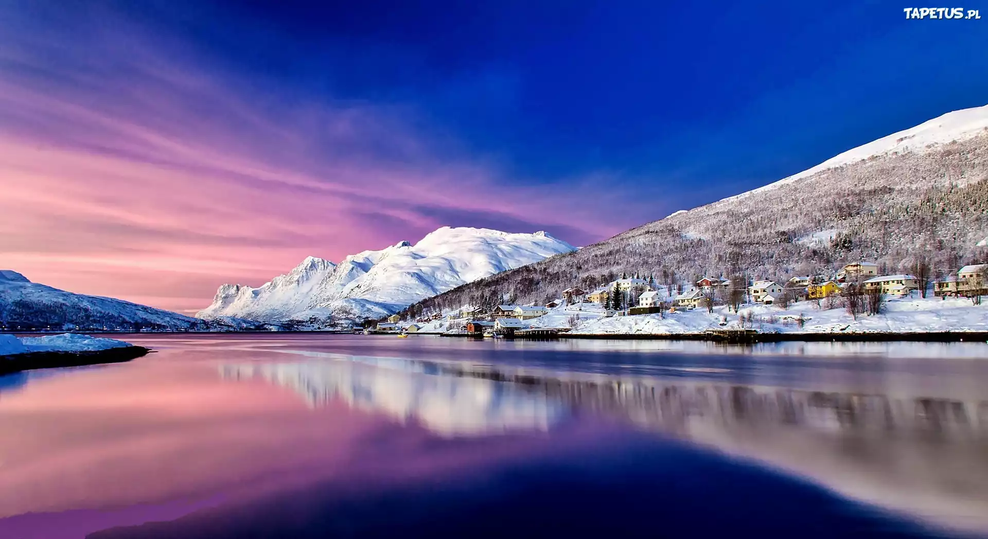 Góry, Fiord, Domy, Świt
