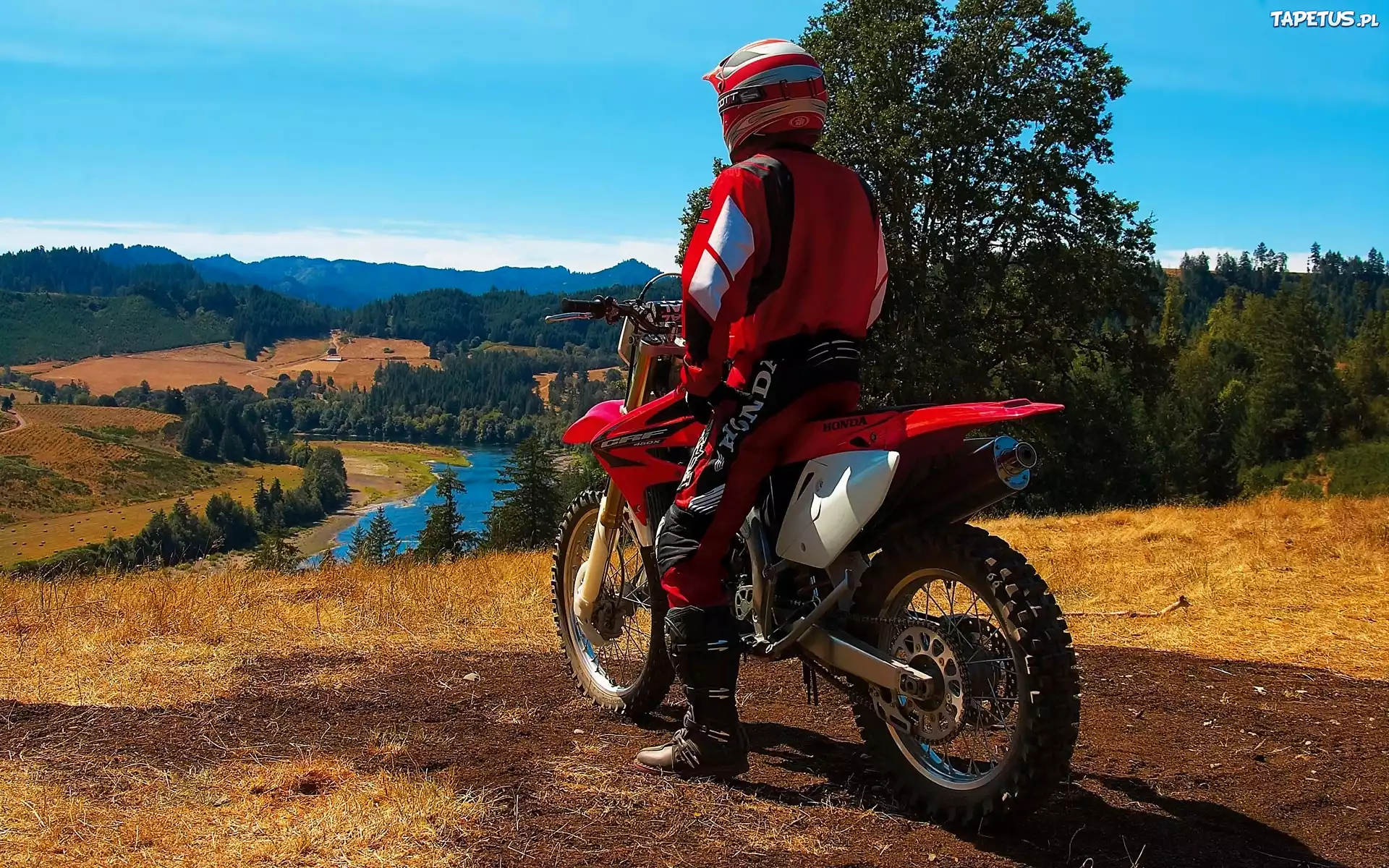 Motocyklista, Motocykl, Góry, Rzeka, Krajobraz