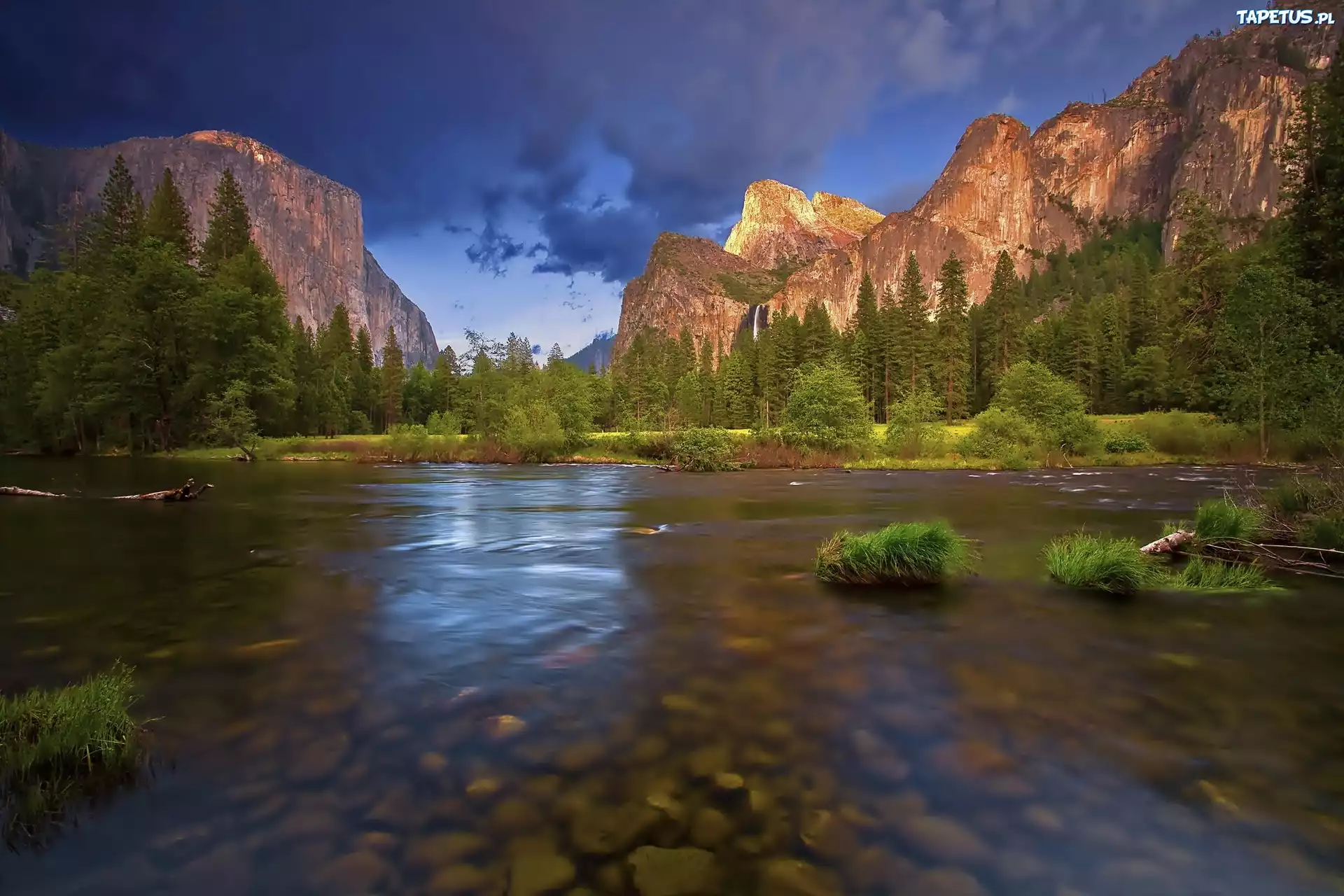 Góry, Las, Rzeka, Park Narodowy, Yosemite, Kalifornia
