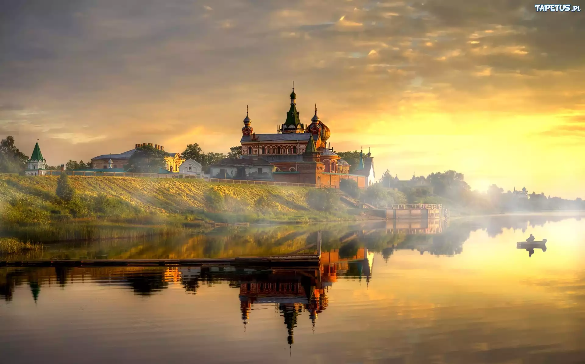 Jezioro, Zachód, Słońca, Mgła, Cerkiew