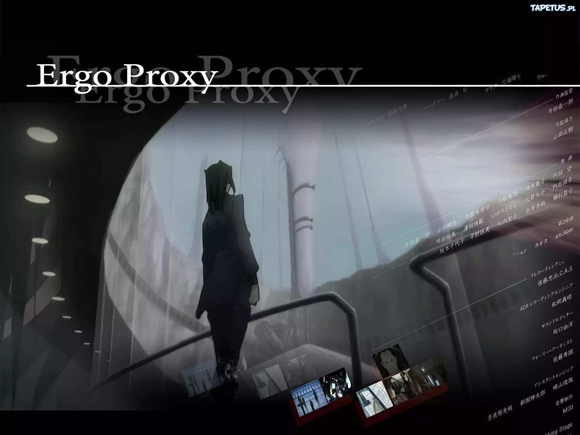 Ergo Proxy, napisy, dziewczyna, płaszcz, światła, rury