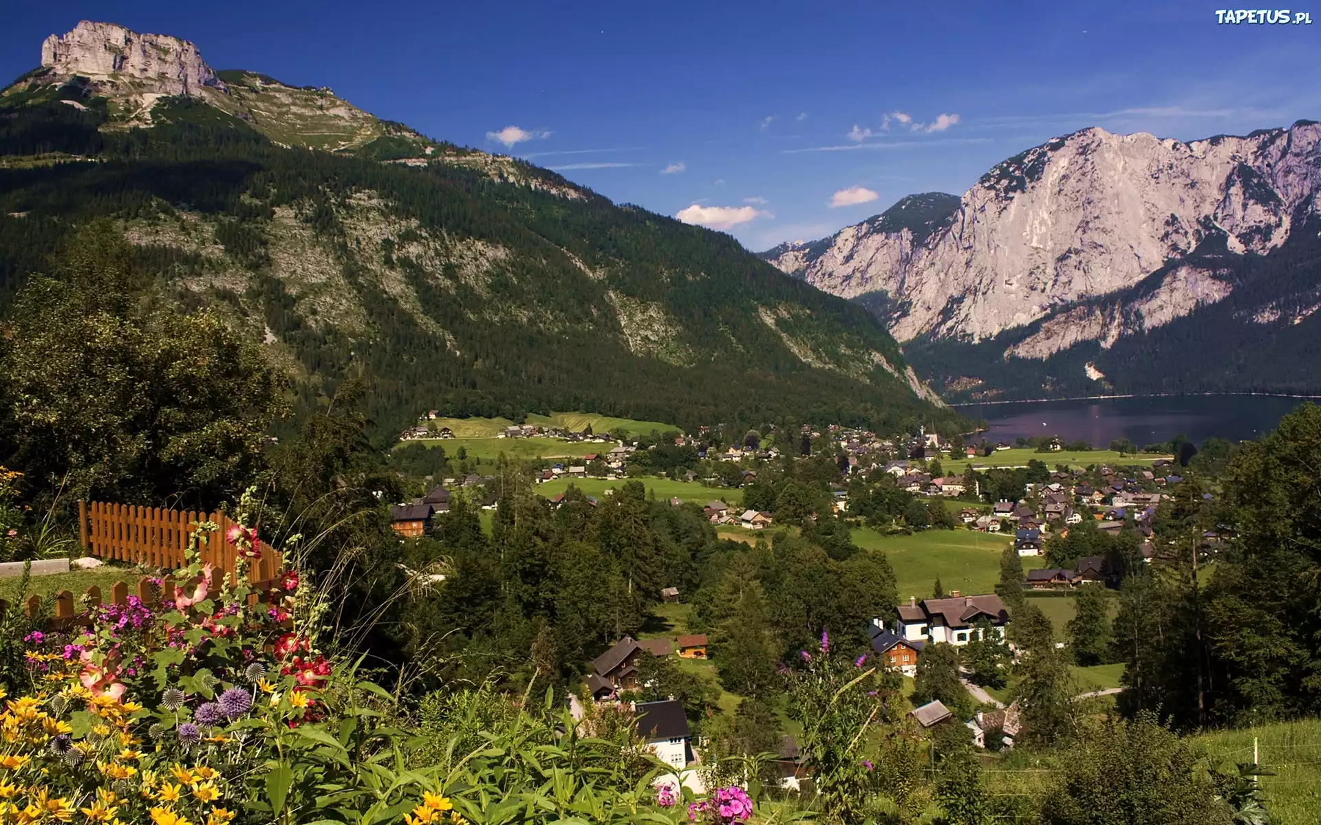 Góry, Jezioro, Domy, Austria, Wieś
