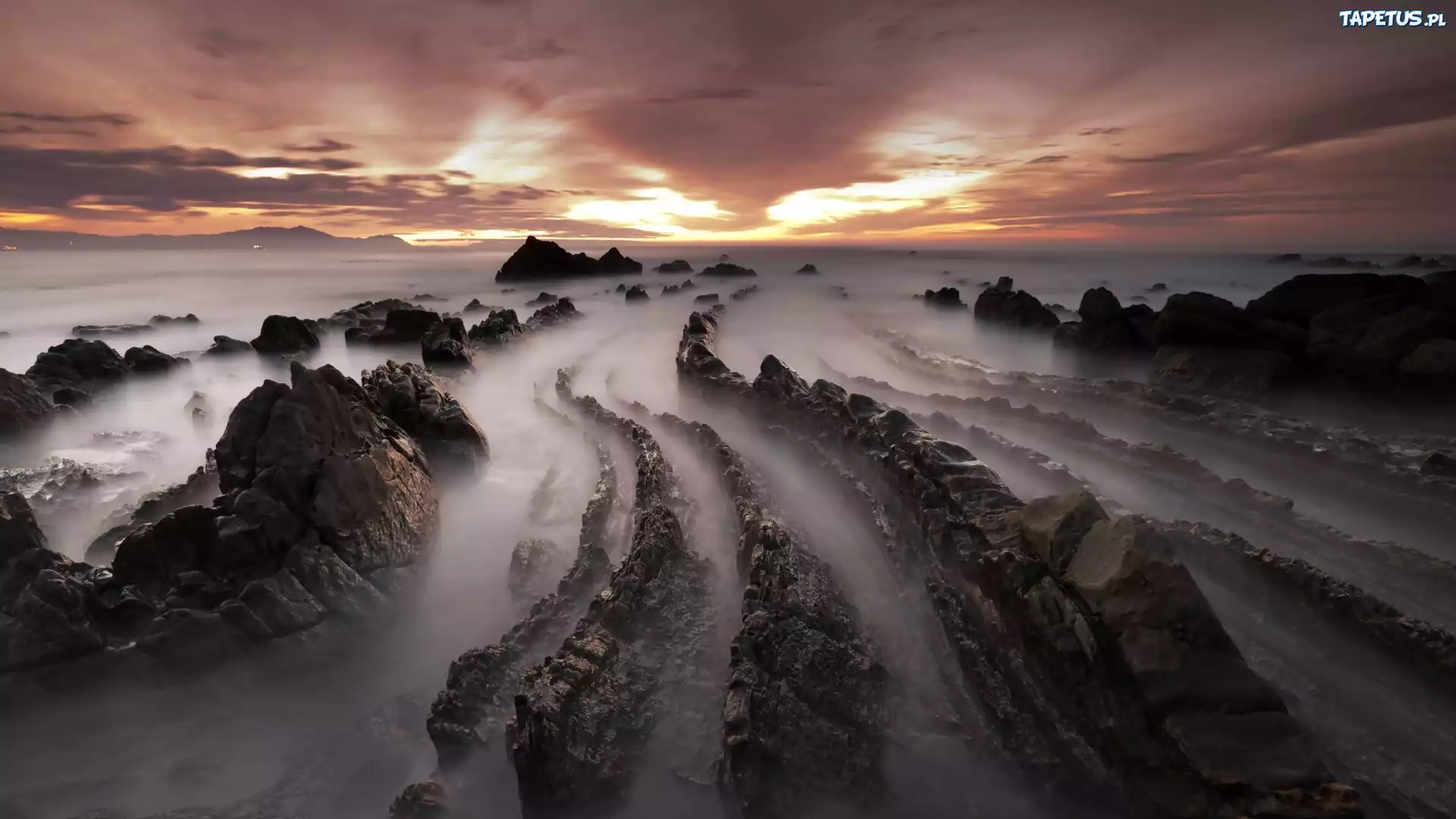 Hiszpania, Barrika, Morze, Skały, Plaża, Zmierzch
