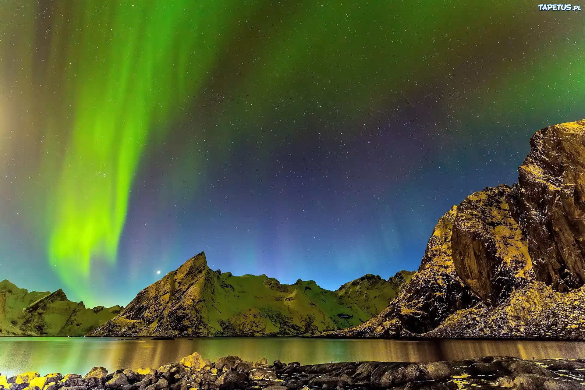Góry, Morze, Zorza Polarna, Islandia