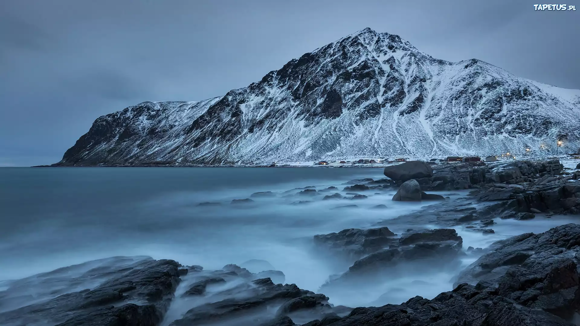 Norwegia, Nordland, Zima, Góry, Morze, Skały