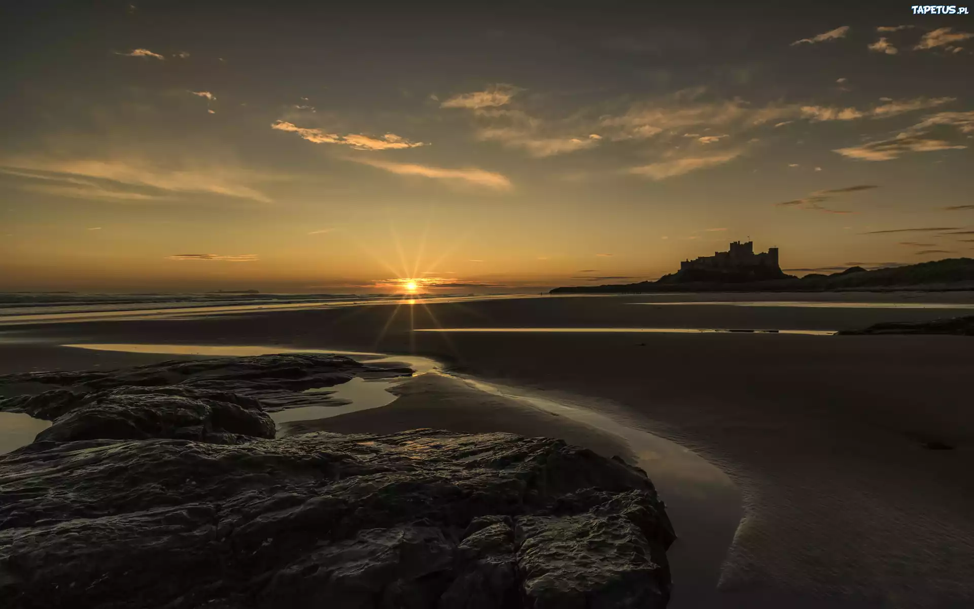 Anglia, Zamek Bamburgh, Plaża, Zachód Słońca, Morze Północne