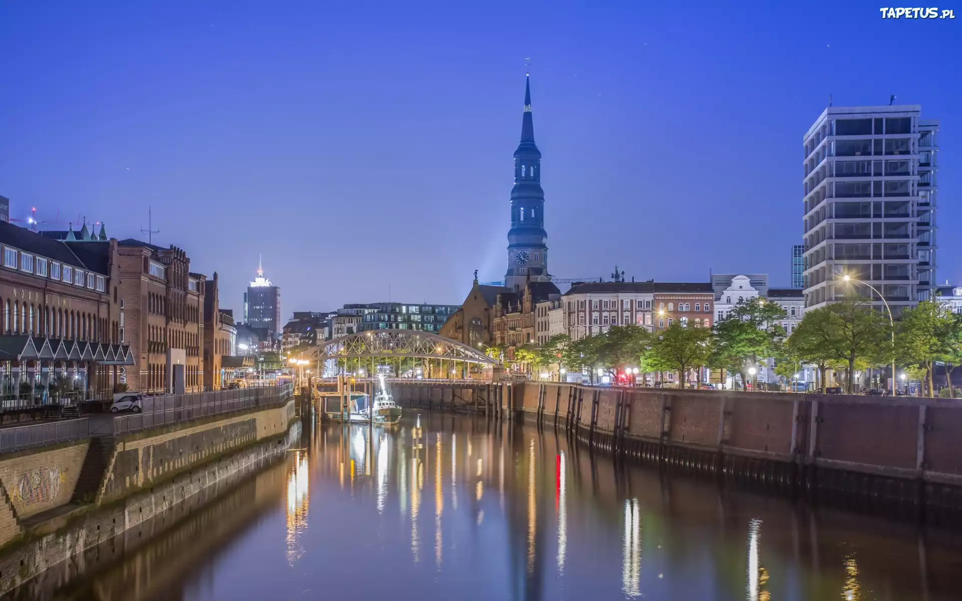 Niemcy, Hamburg, Most, Kościół Św. Katarzyny, Światła, Kanał