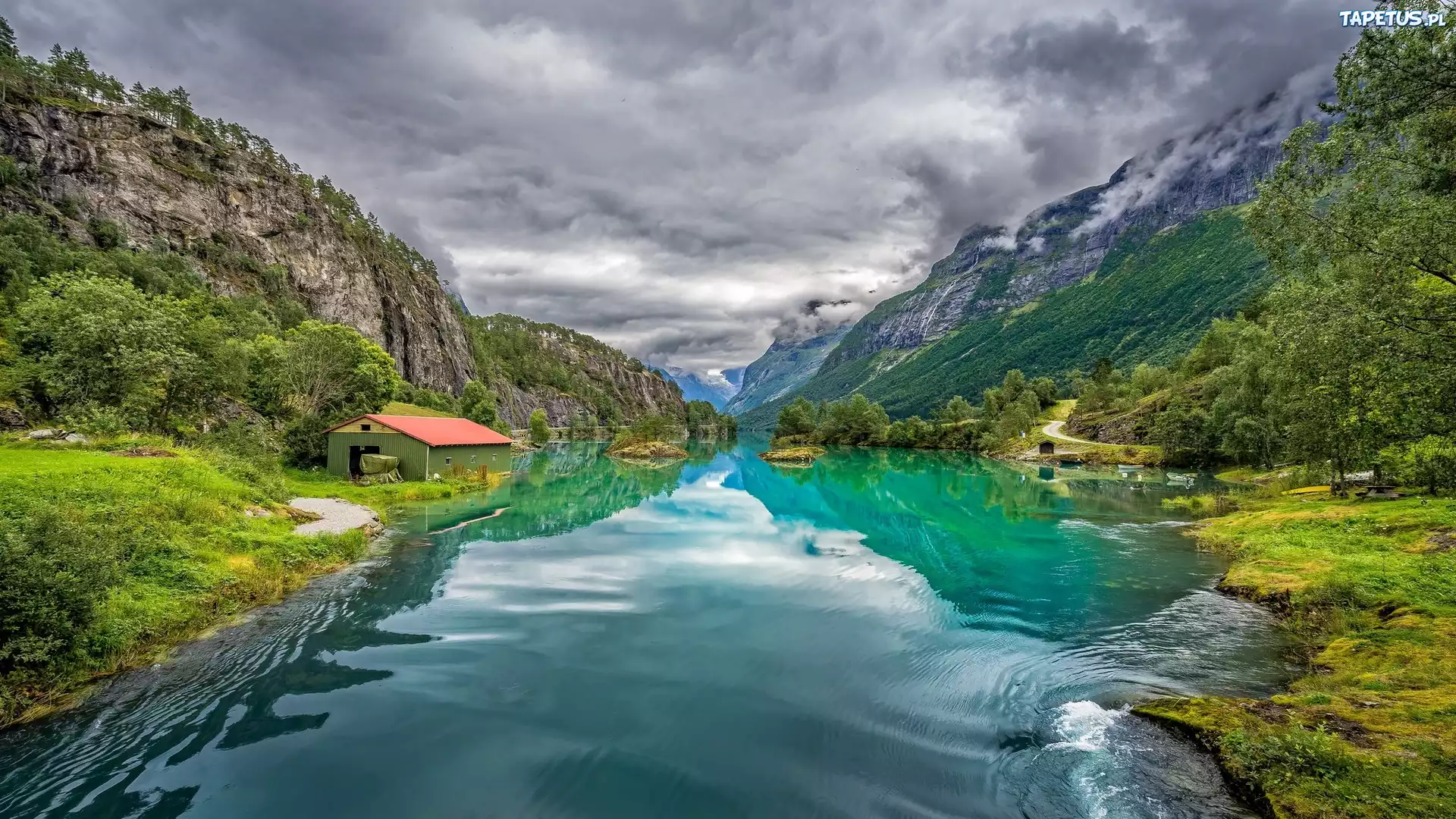 Norwegia, Wieś Loen, Rzeka, Góry, Drzewa, Dom