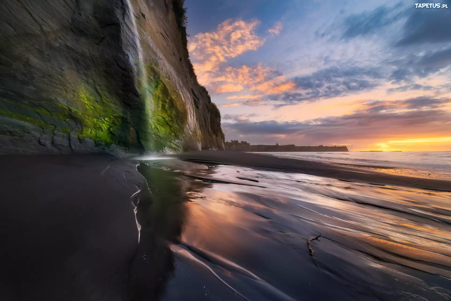 Zachód słońca, Klif, Morze, White Cliffs Walkway, Region Taranaki, Nowa Zelandia