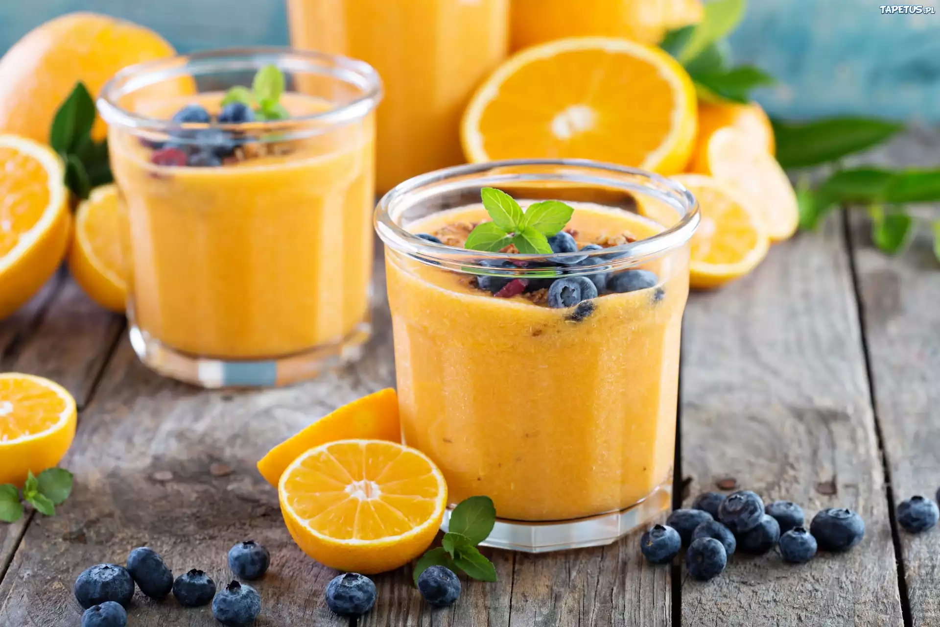 Szklanki, Koktajl, Smoothie, Sok, Pomarańcze, Jagody, Deski