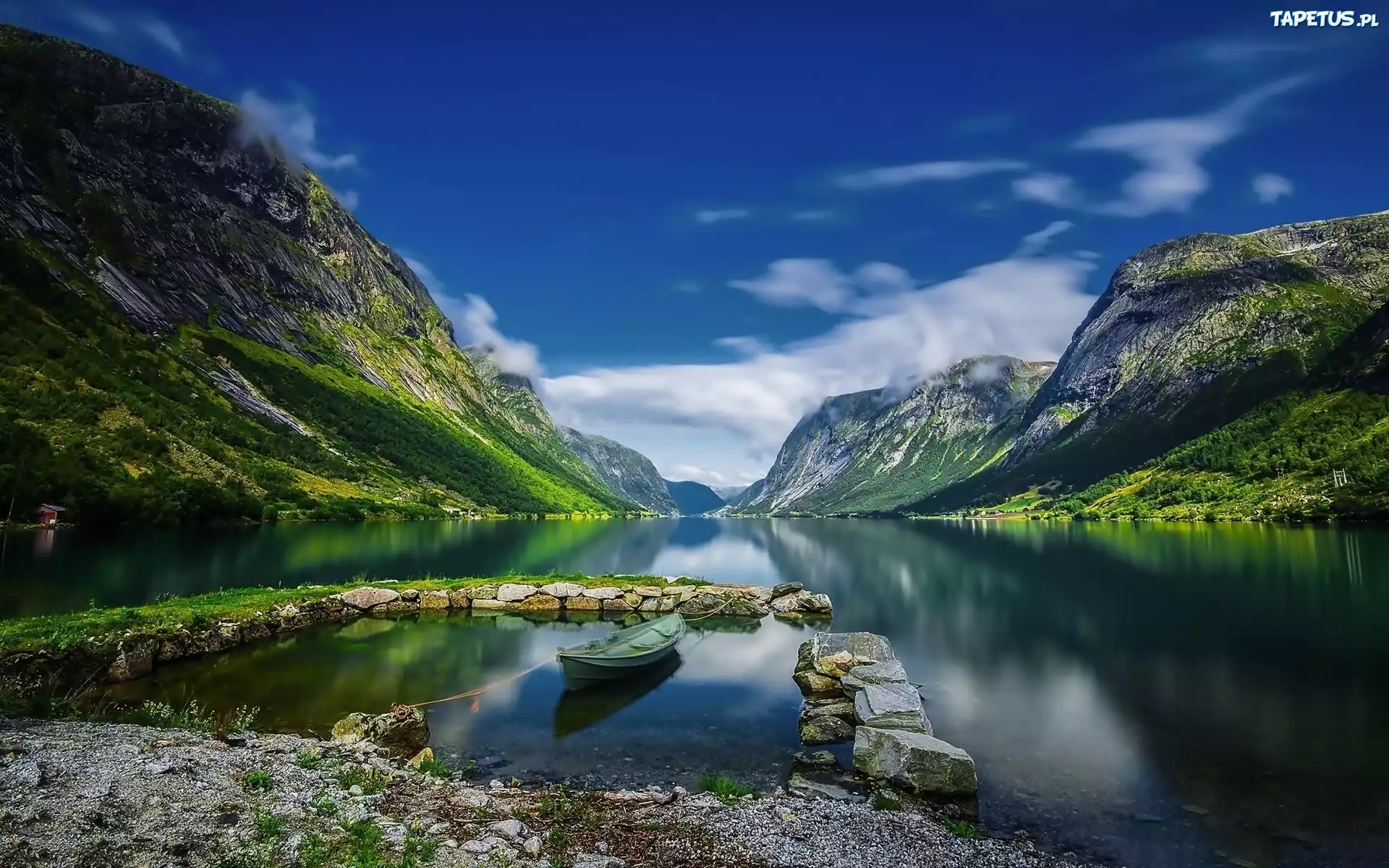 Norwegia, Góry, Fiord, Łódka, Kamienie