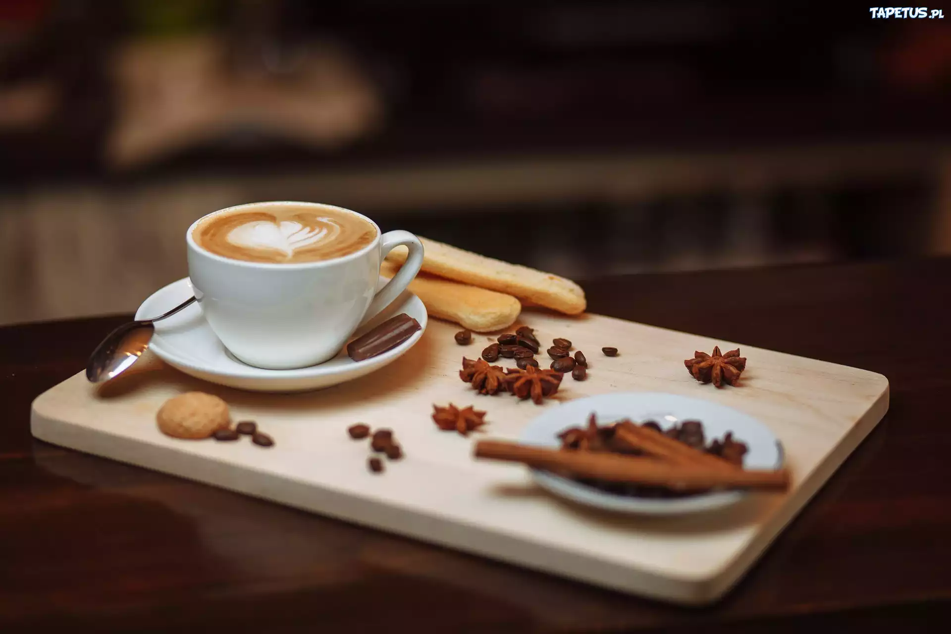 Kawa, Cappuccino, Filiżanka, Spodek, Łyżeczka, Ciasteczka, Anyż, Deska