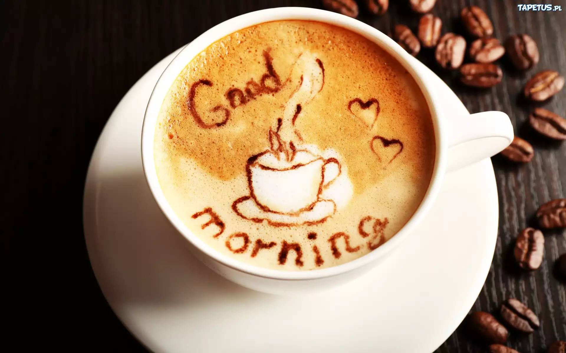 Kawa, Pianka, Napis, Good Morning, Filiżanka, Talerzyk, Ziarenka, Deski