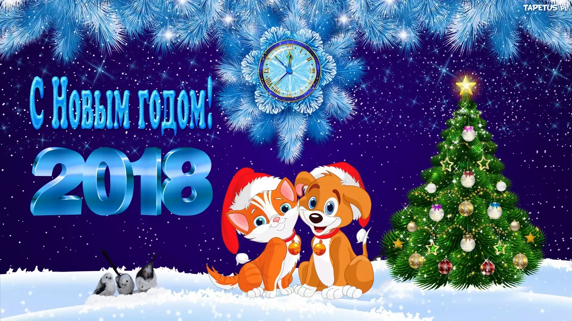 Nowy Rok, 2018, Pies, Kot, Zegar