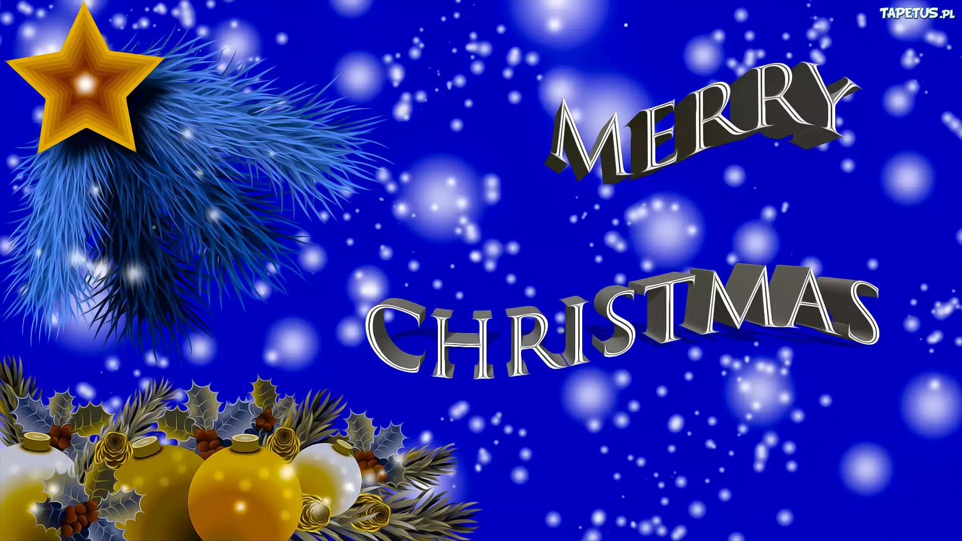 Boże Narodzenie, Merry Christmas, Napis, Gwiazdka, Bombki, Niebieskie tło, Grafika