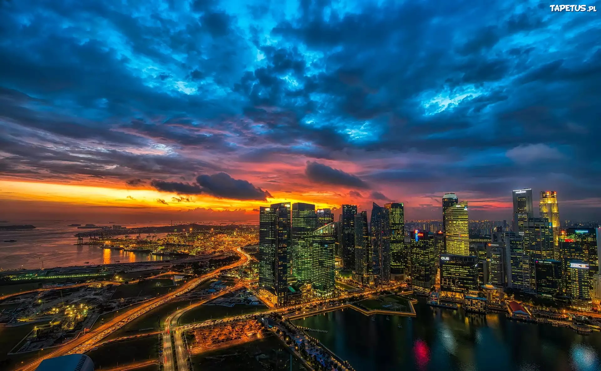Nowy Jork, Manhattan, Oświetlone, Wieżowce, Drogi, Zachód słońca, Stany Zjednoczone