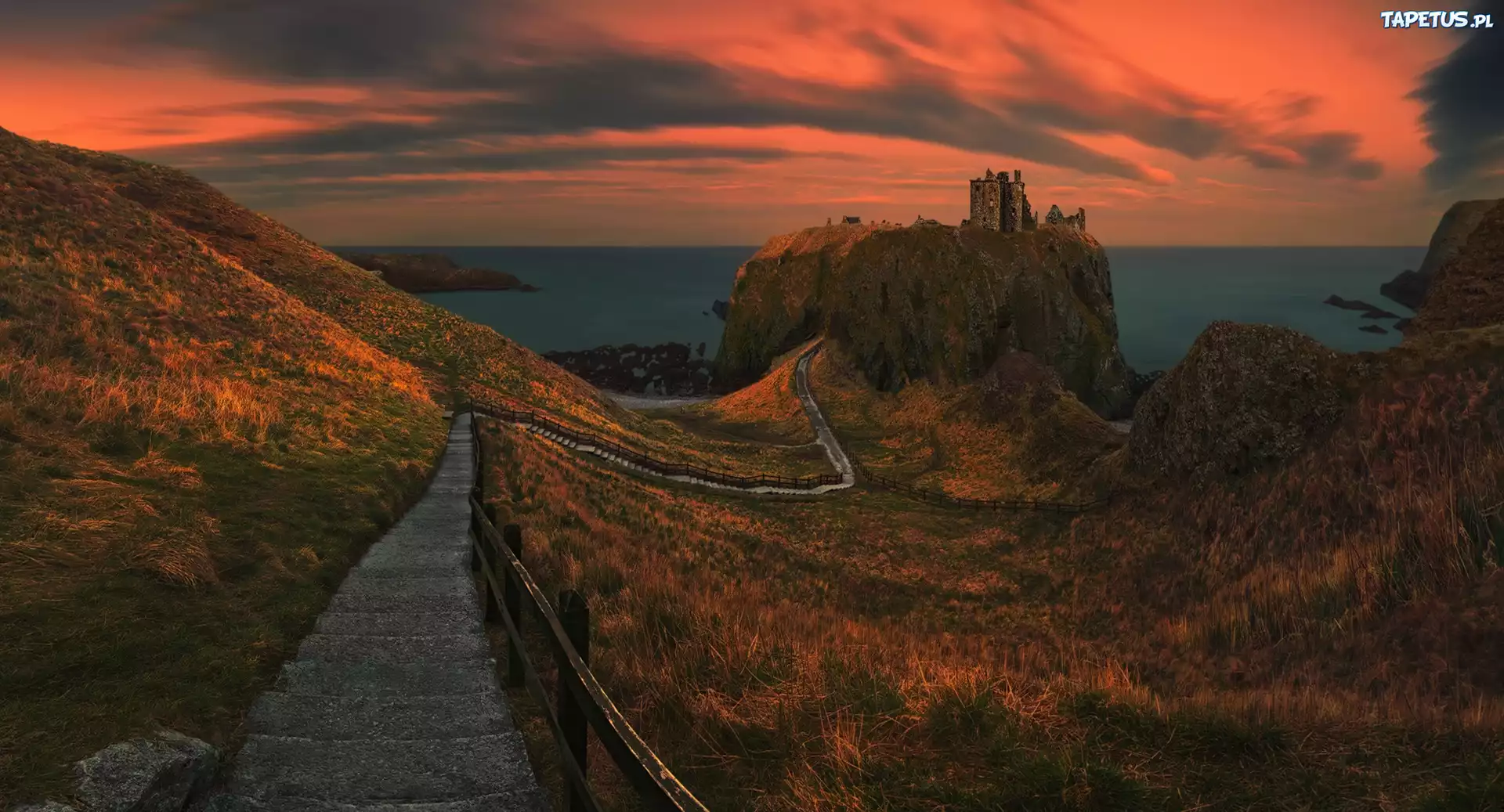 Szkocja, Stonehaven, Morze, Zamek Dunnottar, Skała, Zachód słońca, Chmury
