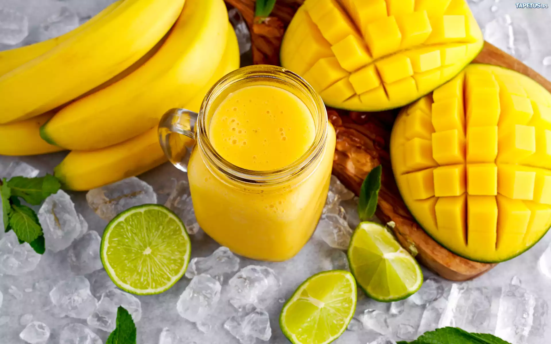 Napój, Smoothie, Mango, Banany, Limonka, Kostki, Lodu