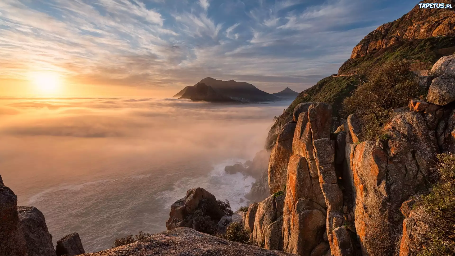 Republika Południowej Afryki, Morze, Skały, Góra Chapmans Peak, Zachód słońca