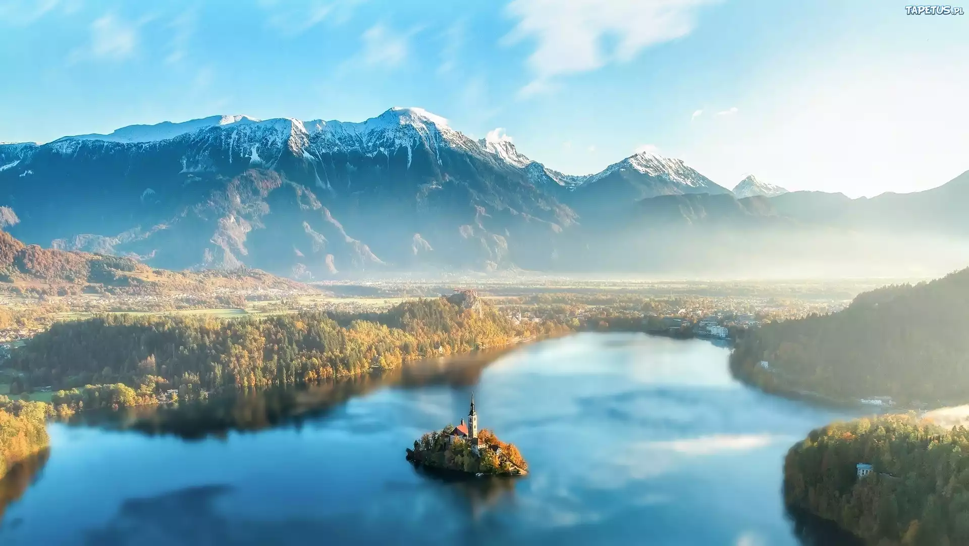 Słowenia, Jezioro Bled, Wyspa, Kościół, Góry, Mgła