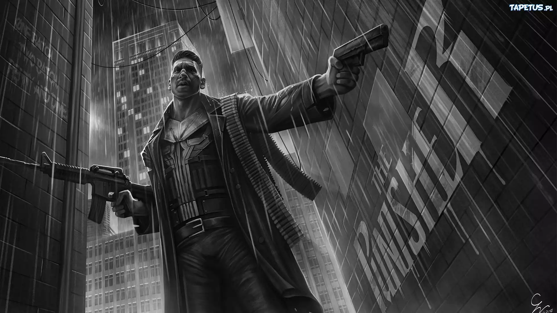 Film, Serial, The Punisher, Grafika, Czarno-białe, Mężczyzna, Frank Castle, Broń, Budynki, Deszcz