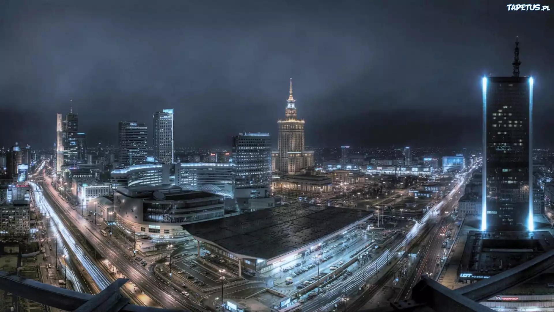Polska, Warszawa, Miasto, Noc, Pałac Kultury, Dworzec Centralny