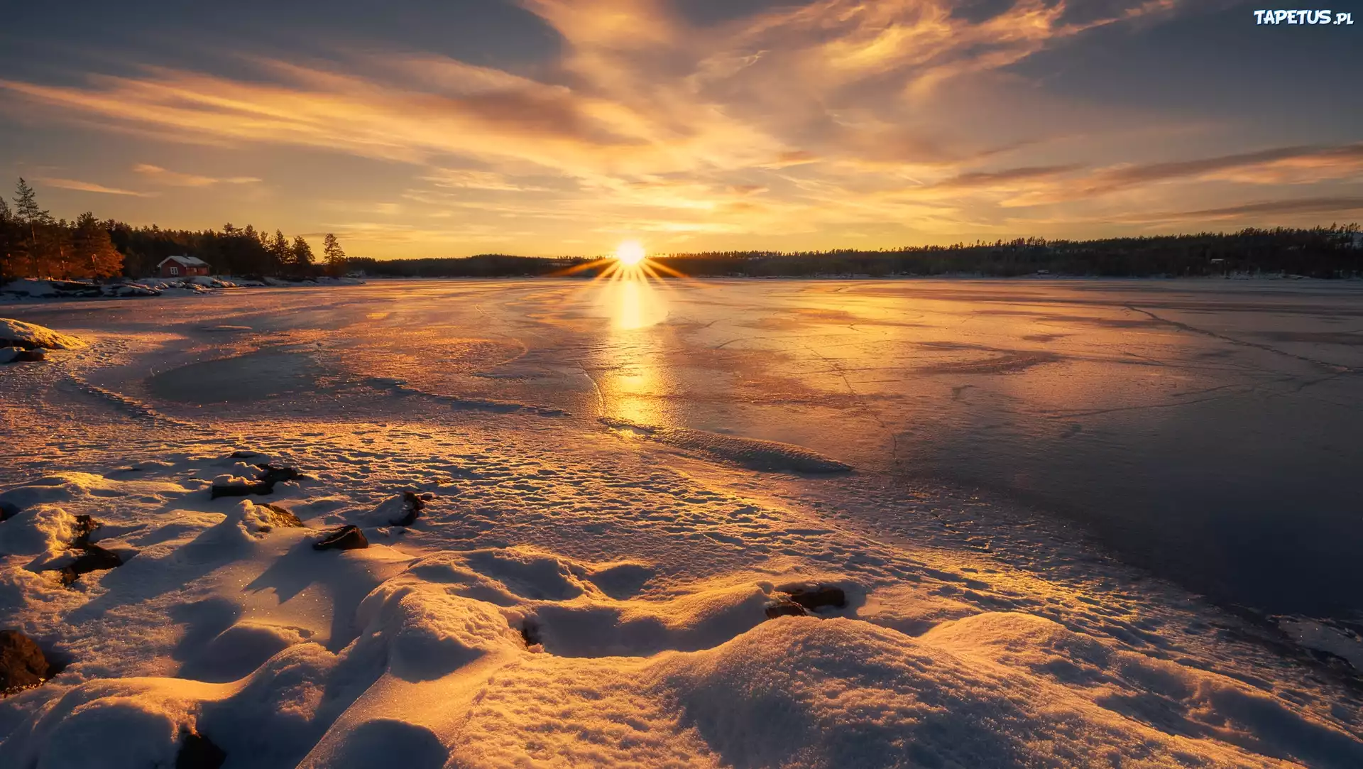 Norwegia, Ringerike, Jezioro, Las, Drzewa, Dom, Zima, Wsch?d s?o?ca
