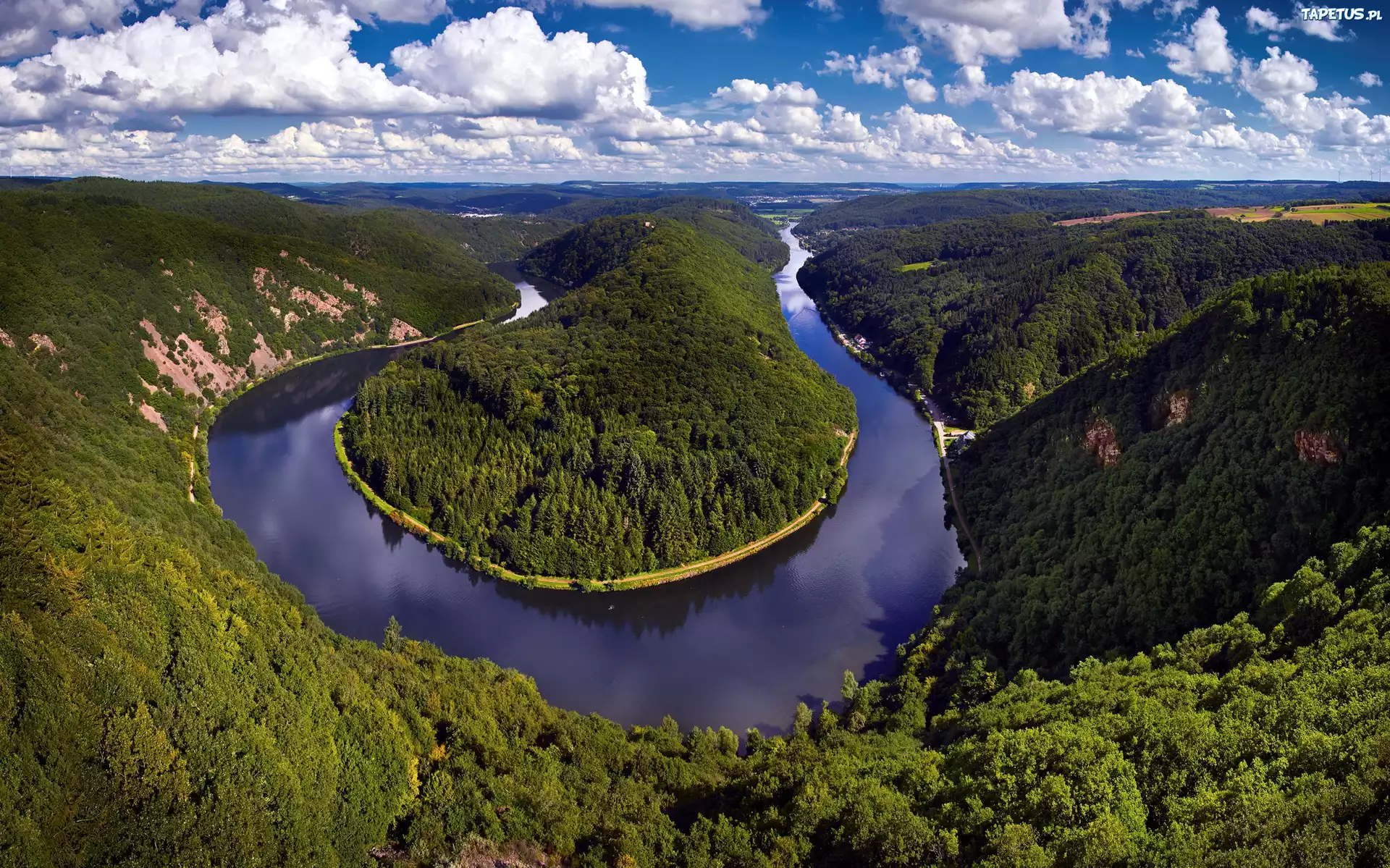 Rzeka Saara, Wzgórza, Lasy, Drzewa, Chmury, Zakole, Meandro del Sarre, Mettlach, Niemcy