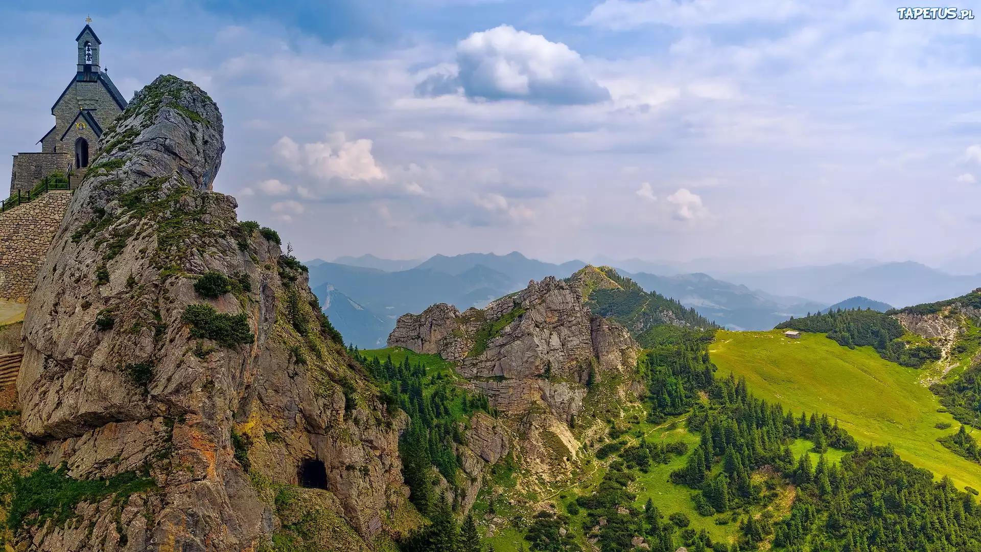 Kościół, Skały, Roślinność, Drzewa, Góry, Gmina, Wendelstein, Bawaria, Niemcy